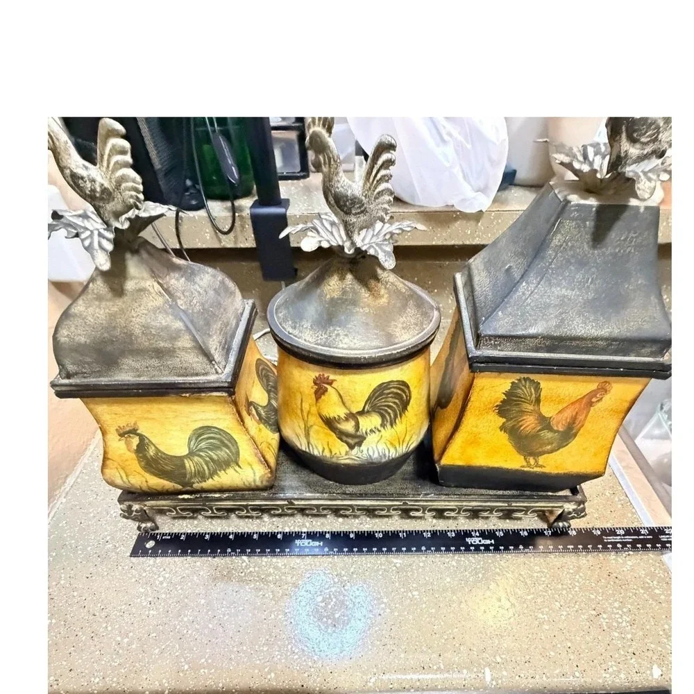Vintage CBK Country Rustic‎ Kitchen Storage Canister Rooster Set w Tray 18x12x6